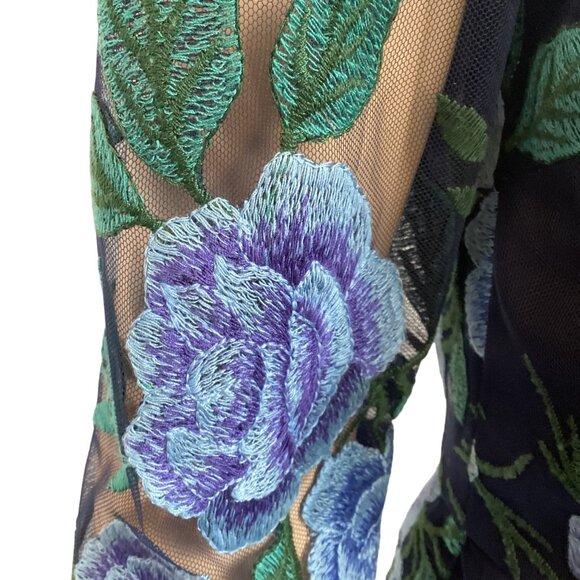 Tahari NWT Navy Blue Floral Embroidered Sheer Mesh Overlay Dress‎ Size 4 W/ Long - Picture 7 of 9